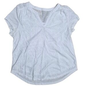 St John's Bay Women's White Eyelet‎ V Neck Cotton Top Blouse Size M Petite